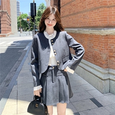 灰色时尚小香风套装女2025春秋新款洋气减龄短外套百褶短裙两件套，女装套装/套裙，2B237