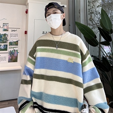 秋款男圆领套头毛衣针织衫条纹字母刺绣水洗貂毛外套M5576P60，男装针织衫/毛衣，星座1013-1