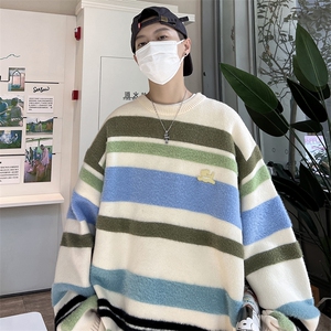 秋款男圆领套头毛衣针织衫条纹字母刺绣水洗貂毛外套M5576 P60图片