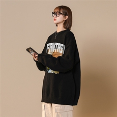中性风22秋/冬新款潮流趣味油画风印花保暖圆领毛衣M1033P50控68，男装针织衫/毛衣，A247A
