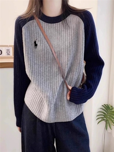 2025秋冬百搭时尚简约圆领长袖拼色针织衫，女装针织衫/毛衣，梵泰羊绒