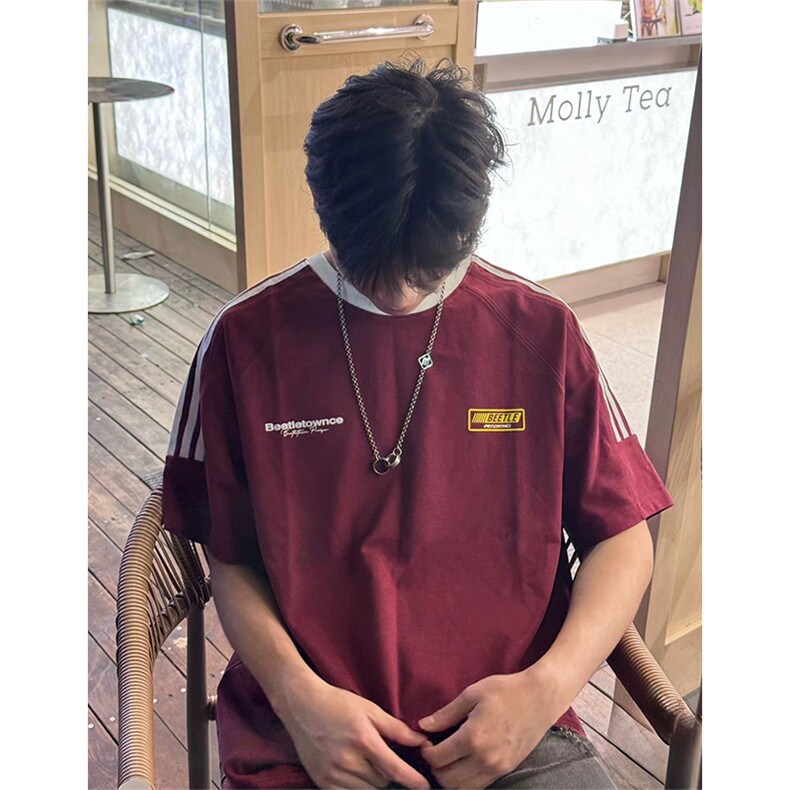 抖音得物供货240克宽松纯棉美式潮牌印花三杠半织带短袖T恤AT1609,男装T恤,电商A443