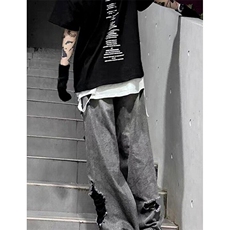 美式街头破坏刮烂破洞复古老爹裤阔腿直筒牛仔裤情侣男女NY301，男装牛仔裤，星座1116A（原606A-3）