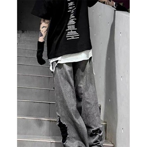 美式街头破坏刮烂破洞复古老爹裤阔腿直筒牛仔裤情侣男女 NY301图片