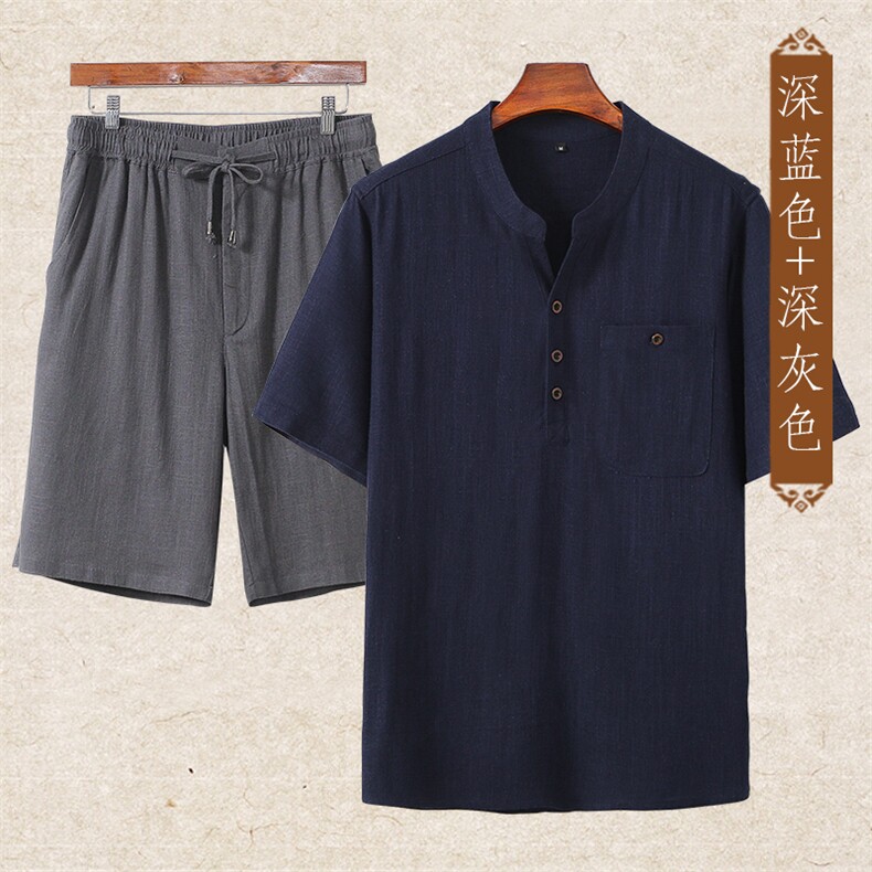 主推款高端夏季男士唐装中年棉麻套装中老年高品质亚麻短袖T恤，男装中老年男装，钱塘723