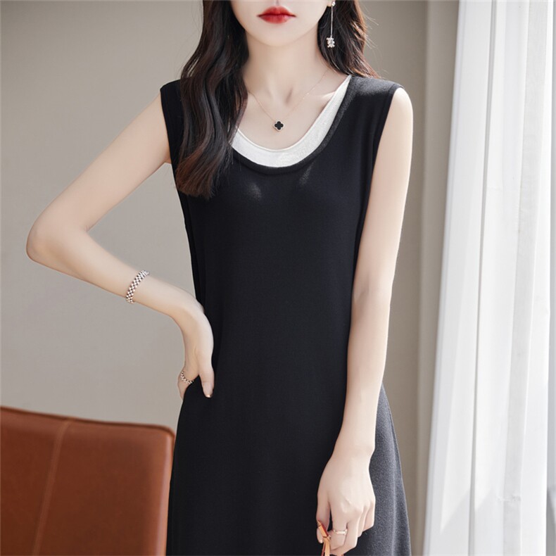 夏季裙子女针织连衣裙无袖长款t裙背心裙过膝长裙冰丝打底吊带裙，女装连衣裙，暖姿羊绒