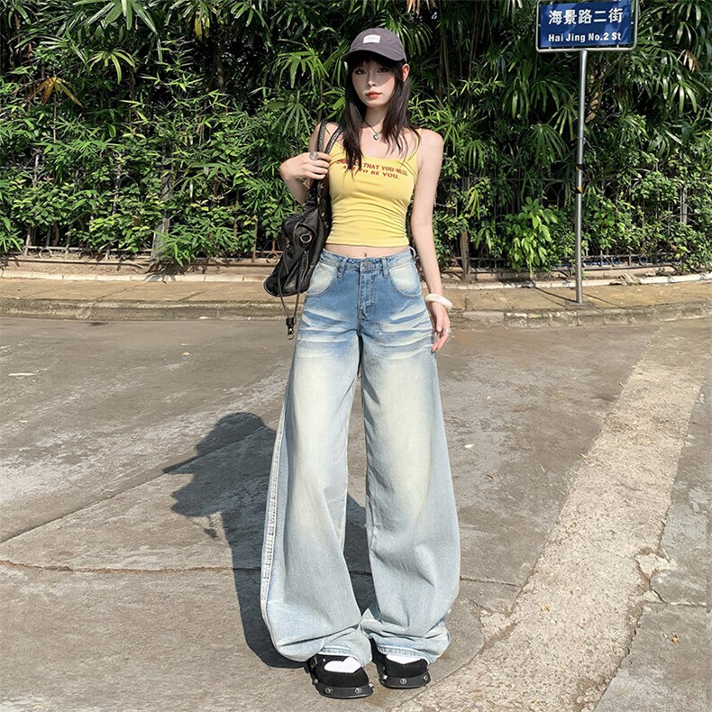 弯刀牛仔裤男女夏季美式复古做旧宽松直筒阔腿拖地裤子YD9021-P65图片