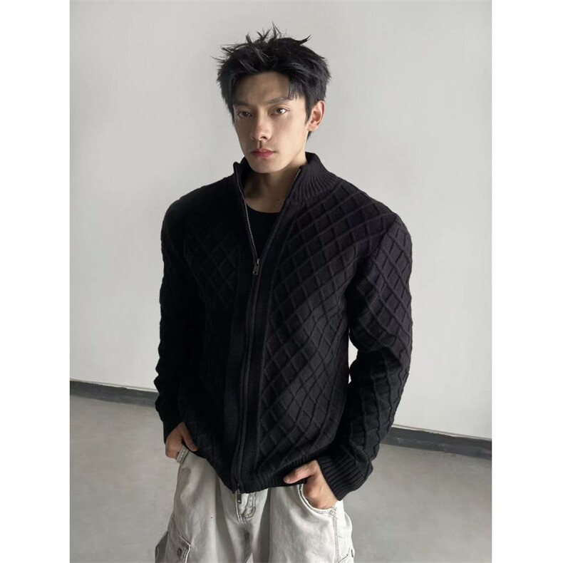 黑色提花立领毛衣外套男秋冬加厚男轻奢高级感针织开衫ZZS188P75图片