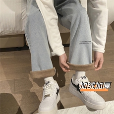 k808J-p55-控78M-5XL水晶绒加绒黄泥色港风高阶宽松牛仔裤微喇，男装牛仔裤，星座116
