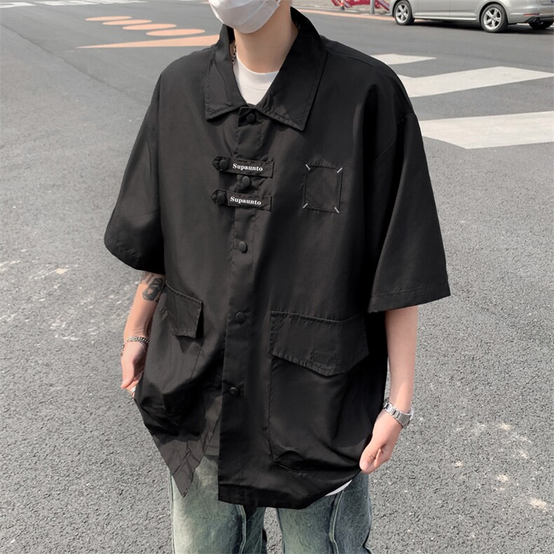 2024新款薄款宽松潮工装短袖衬衫复古机能痞帅半袖衫衣W8206-P40,男装衬衫,星座512-4