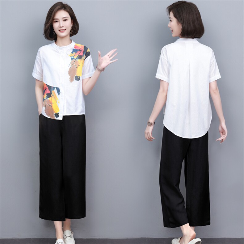 (新品)2024年夏季麻棉两件套女印花T恤阔腿裤中老年妈三年不下架,女装套装/套裙,璐依舞
