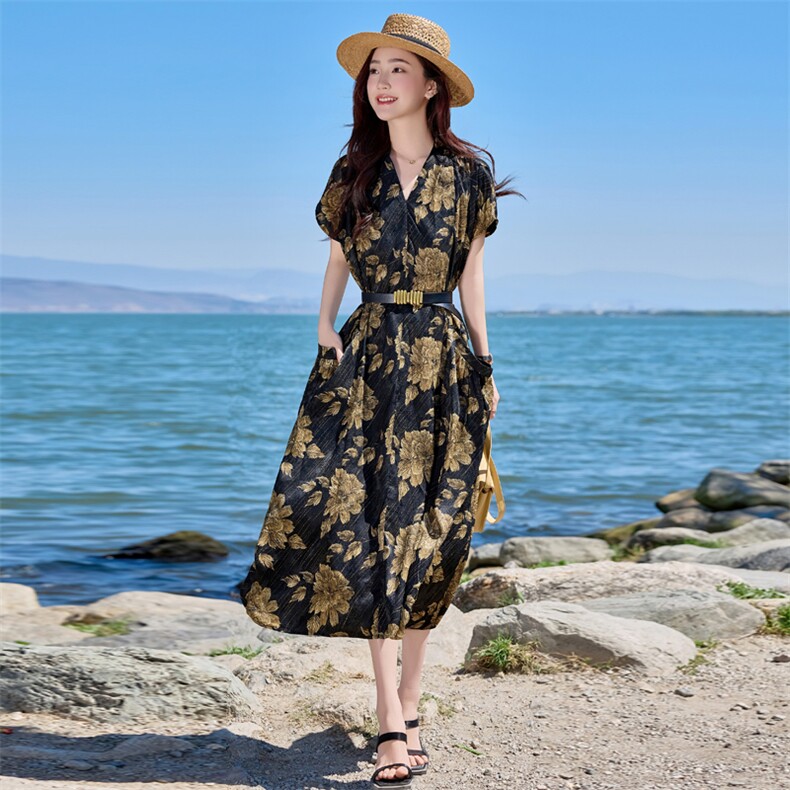 年轻妈妈夏装连衣裙2025新款中老年女装贵夫人夏季印花收腰裙子,女装连衣裙,简古