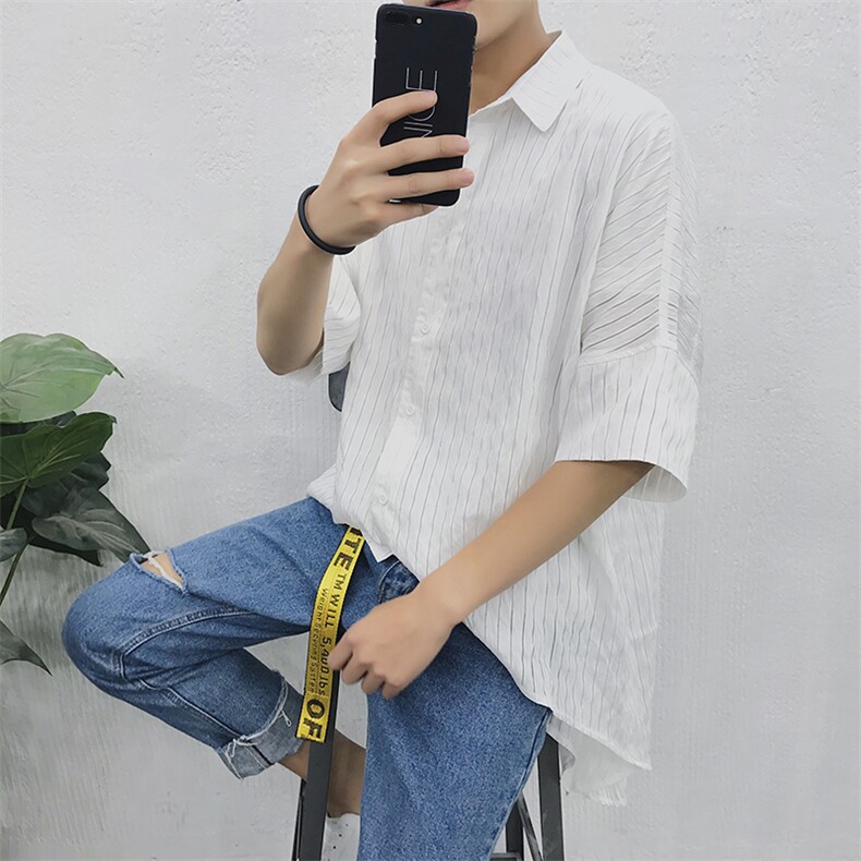 夏款速干防晒五分袖加长衬衫 宽松蝙蝠袖条纹防晒长男衬衫D329图片