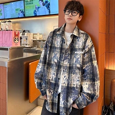 GF0106-P40复古扎染格子衬衫男春秋长袖衬衣潮牌小众情侣款外套，男装衬衫，电商C233