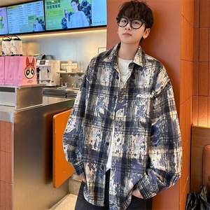 GF0106-P40 复古扎染格子衬衫男春秋长袖衬衣潮牌小众情侣款外套图片
