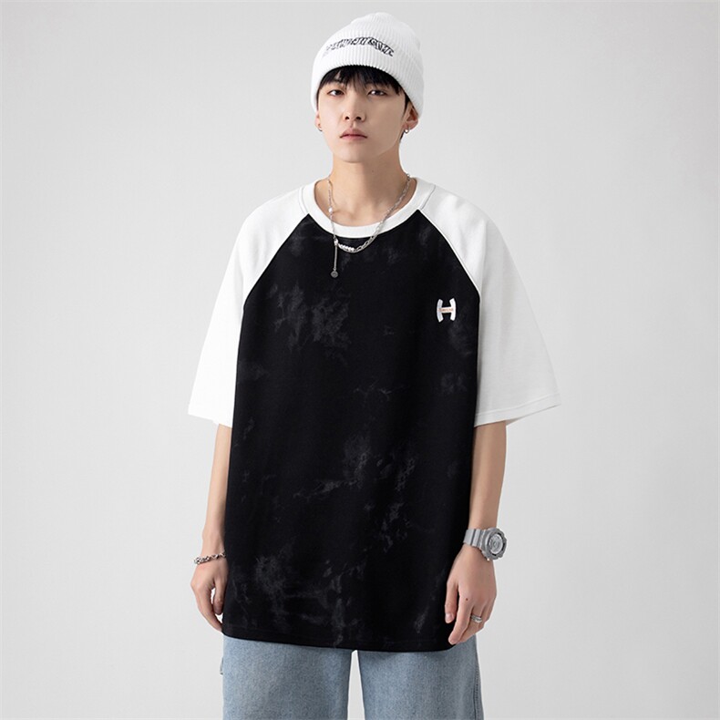 新款夏季短袖珠地面料宽松刺绣印花假两件男士T恤ZDY3414-P50,男装T恤,星座717
