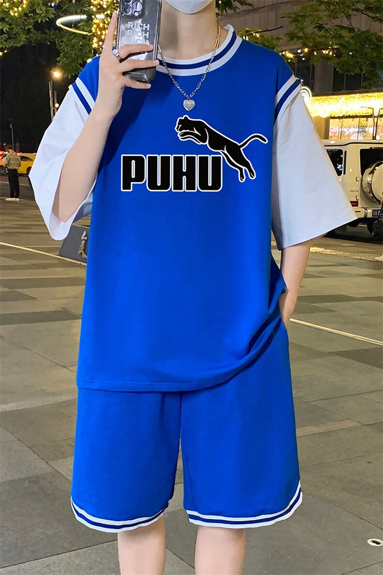 夏季短袖T恤套装青少年纯棉吸汗休闲两件套宽松男装TZ393P60控89,男装休闲套装,电商A086