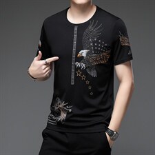 夏季青年男士短袖T恤丝光棉圆领休闲印花冰丝中年男上衣半袖P34，男装T恤，钱塘6003A(原)4033A