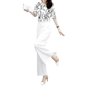 套装女2023年夏装新款女装时尚休闲气质印花上衣阔腿裤套装两件套图片