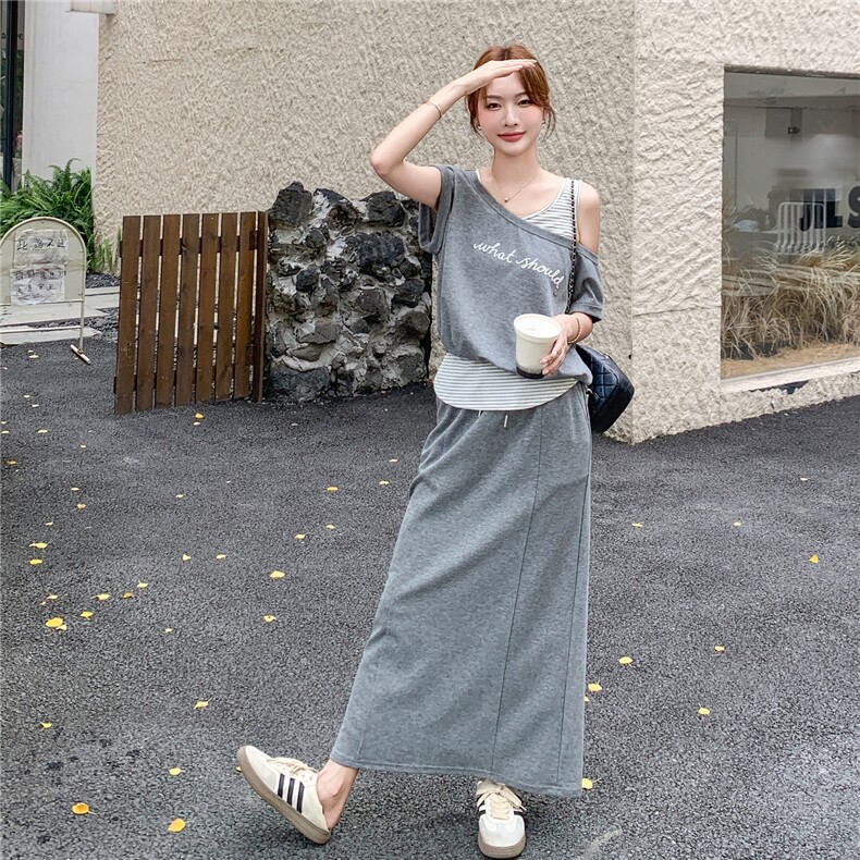 假两件露肩灰色T恤半身裙套装女夏2025新款两件套巨好看大方得体,女装套装/套裙,2C095