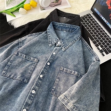美式牛仔衬衫男短袖夏季古着衣服ins复古半袖衬衣外套W1353-P45，男装衬衫，星座1008