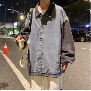 撞色拼接牛仔外套男春秋季韩版潮流宽松上衣港风日系复古休闲夹克,韩系夹克穿搭图片