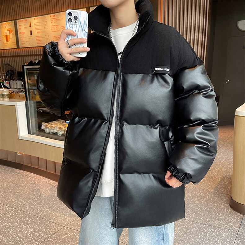 新款PU皮拼接灯芯绒立领棉衣男港风棉服冬季加厚棉袄MY619-P108图片