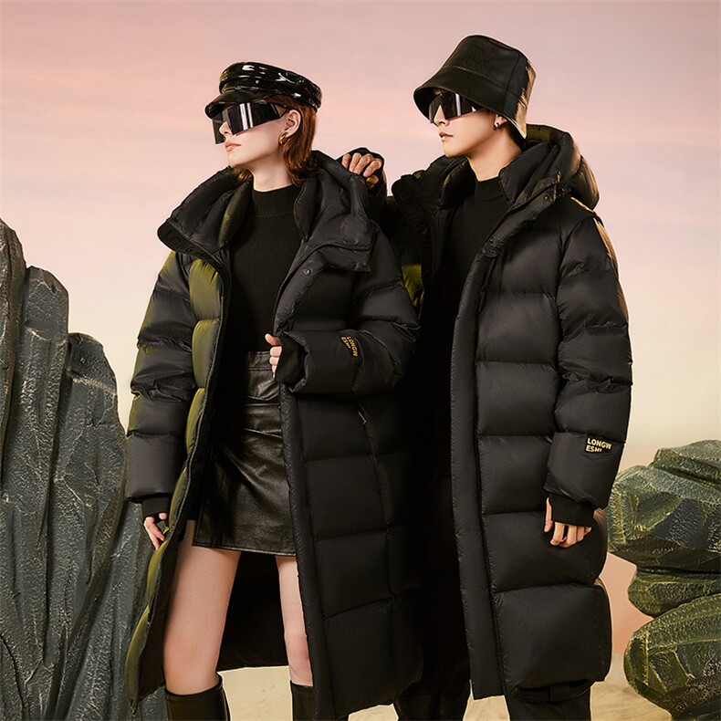 美式韩版长款黑金情侣外穿背带白鸭绒羽绒服 连帽图片