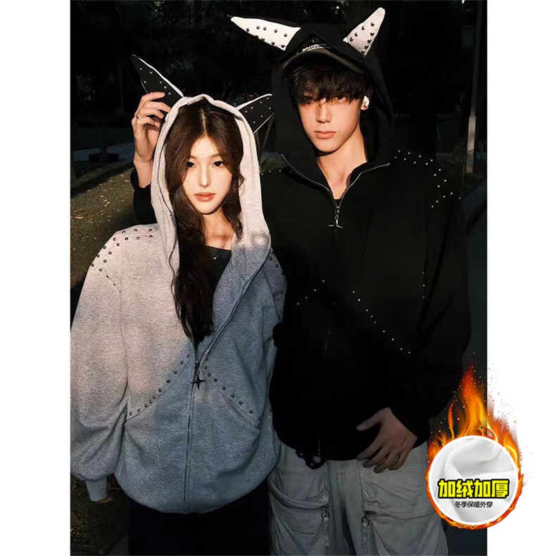 480G重磅加绒硬挺boxy男女美式高街卫衣铆钉杜宾犬耳朵开衫厚外套，女装短外套，电商A486