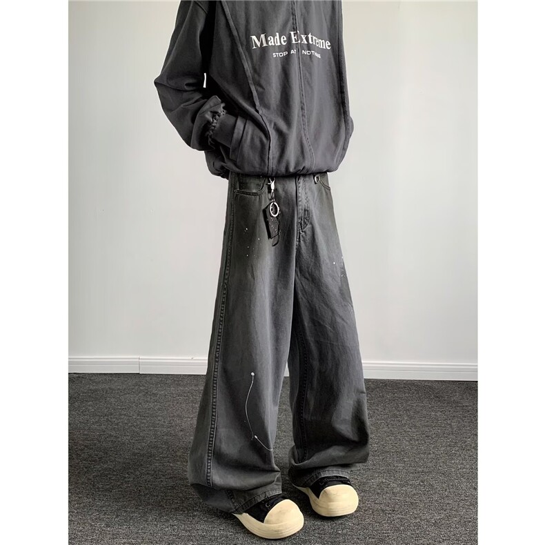 长裤宽松腰休闲裤潮冬季大码美式复古晕染泼墨牛仔裤K5963-P53，男装牛仔裤，星座412-3