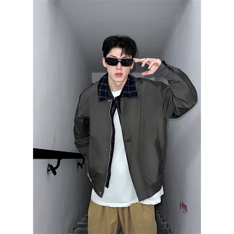 现货2026新款宽松拼接假两件翻领格子夹克外套男P75，男装夹克，星座301D-2(原星座1004-1）