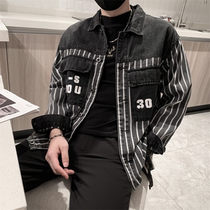 新款牛仔外套男士秋季新款韩版宽松潮牌条纹上衣秋季学生外套图片