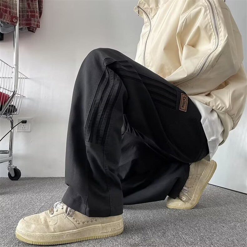 直筒宽松阔腿裤拼接色弹力腰抽绳休闲裤简约休闲垂坠感,男装休闲裤,星座410-7