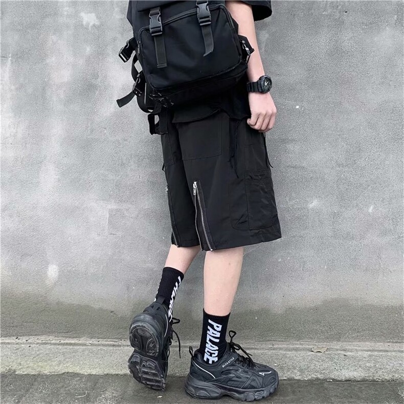 机能拉链开叉裤子男潮ins港风嘻哈潮流宽松工装休闲短裤k606-p30图片