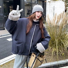 藏青色羊羔毛拼接工装派克服女2025年冬季新款小个子休闲加厚棉服，女装棉衣/棉服，2C305