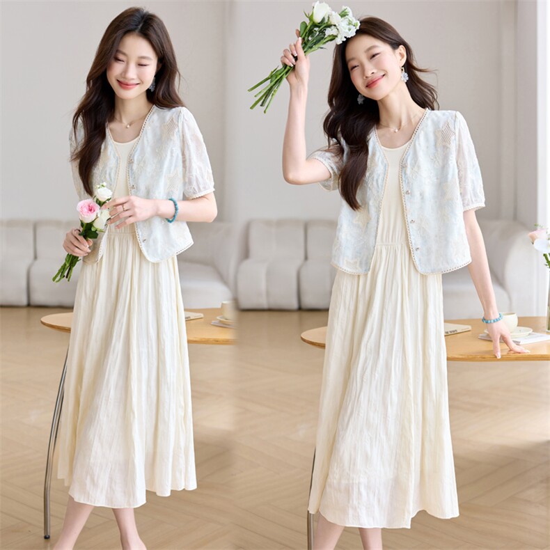 法式小香风女2026夏季新款蕾丝拼接短袖上衣高腰半身裙，女装连衣裙，简韵佳