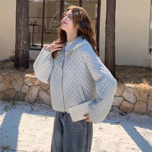 蓝色菱格羽绒棉服外套女秋冬2025新款气质减龄棉衣修身显瘦棉袄图片