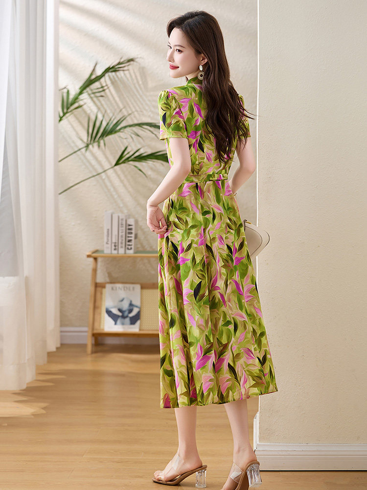 法式优雅气质碎花连衣裙女2025夏季新款收腰显瘦洋气妈妈过膝长裙,女装连衣裙,牡丹诺