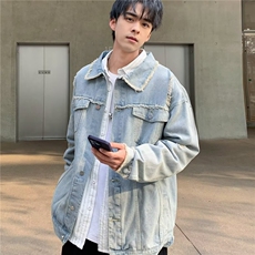 复古毛边做旧牛仔外套男女春秋宽松休闲百搭工装夹克上衣680/P55，男装夹克，星座506