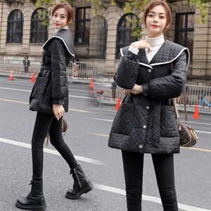 2021新款羽绒服女轻薄中长款菱形格翻领韩版宽松时尚白鸭绒外套图片