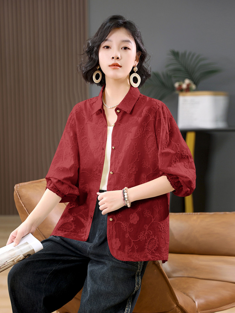 2025年新款反领绣花衬衫女长袖秋纯棉气质轻熟上衣女衬衣,女装衬衫,奕阳依阁