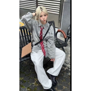 美式复古水洗灰色牛仔衬衫男高级感痞帅毛边初秋外套宽松短款衬衣图片
