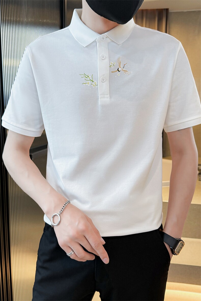 主推款2025夏季新款仙鹤印花风短袖T恤翻领Polo衫男T6077-P48,男装T恤,电商D342