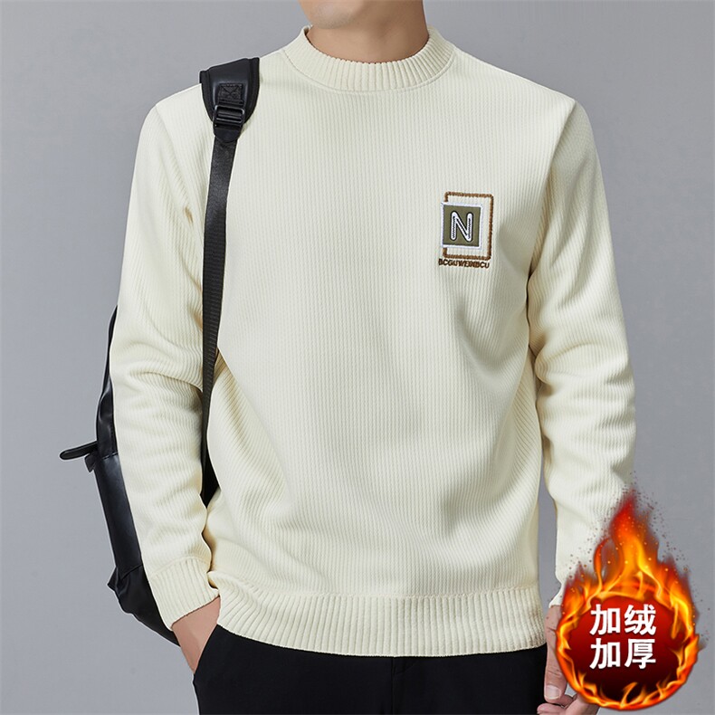 秋冬季男士卫衣加绒加厚潮流圆领休闲百搭打底衫圆领保暖内搭男装图片