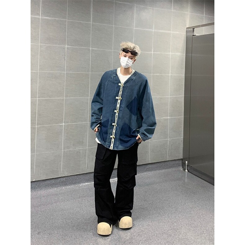 男装秋天复古盘扣设计无领夹克牛仔外套秋季宽松上衣潮W6029-P72,男装夹克,星座412-3