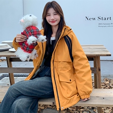 韩版时尚桔色加厚羽绒服冲锋衣女2025冬季新款显瘦保暖白鸭绒外套，女装羽绒服，纯色衣恋