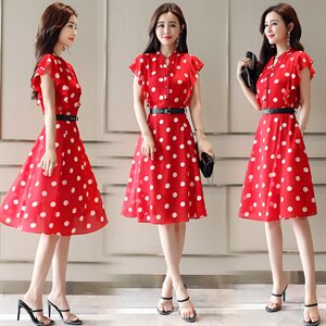 连衣裙通勤V领中腰套头2022年夏季短袖气质清新中长款搭配，女装连衣裙，火爆靓佳人