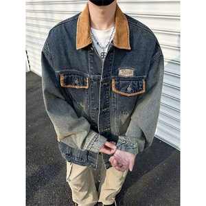 牛仔美式复古做旧水洗拼接牛仔外套男春秋季新款机车夹克J3573,机车风衣搭配卫裤可以吗图片