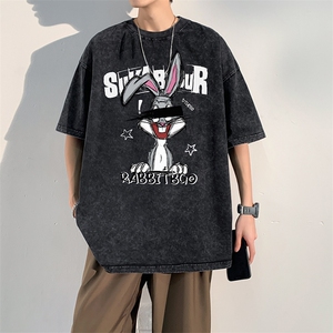 水洗做旧短袖T恤男美式复古夏季卡通印花2024新款港风ins潮流图片