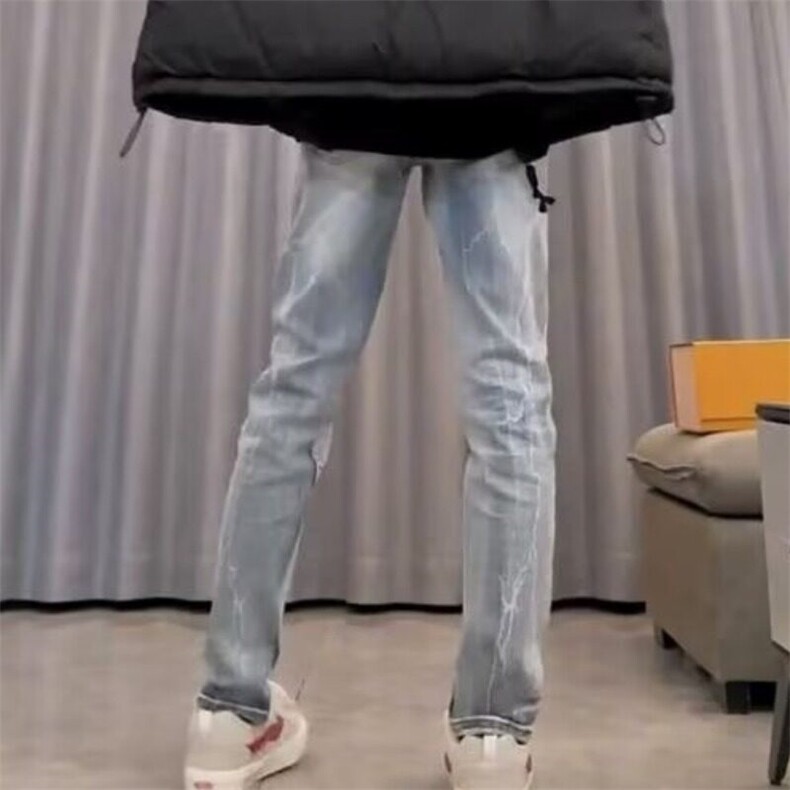 美式高端浅色贴布牛仔裤男款修身刺绣高街裤子潮牌休闲小脚长裤子,男装牛仔裤,星座506A